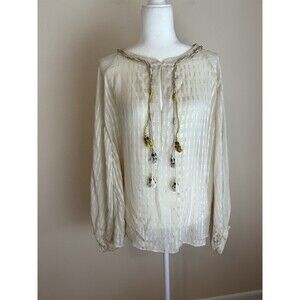 Calypso St. Barth L Silk Blouse Top Tassel Coastal Preppy Shirt Beige Sheer Gold